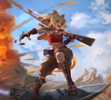 An anime styled album cover depicticting an energetic and confident blonde catgirl named Teka, spelled T E K H A, armed with a rifle-like weapon on a hoverboard in a dusty desert, leaving an explosion in her wake.