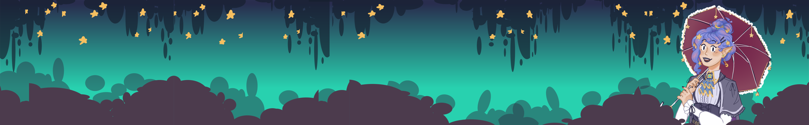 Header illustration of Melody with a frilly umbrella in a forest where stars hang from the branches. This is drawn in a cartoony style to convey a feeling of whimsy and mystery.