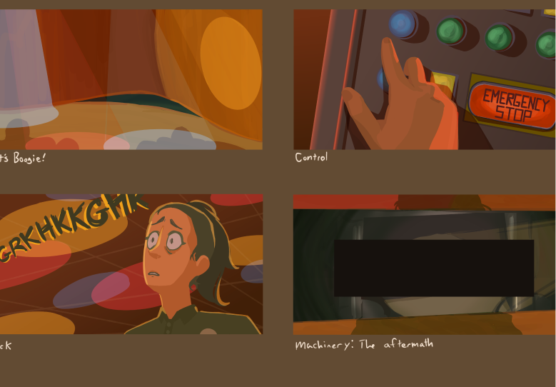 Four panels of key frames for this animation storyboard in full color and a lineless style. It's very warm-toned and the composition feel suffocating.