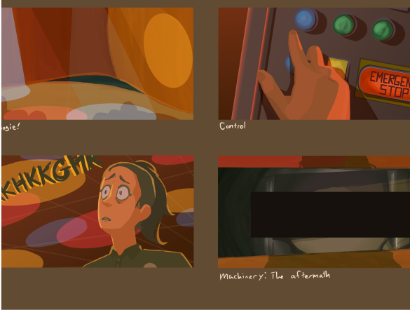 Four panels of key frames for this animation storyboard in full color and a lineless style. It's very warm-toned and the composition feel suffocating.