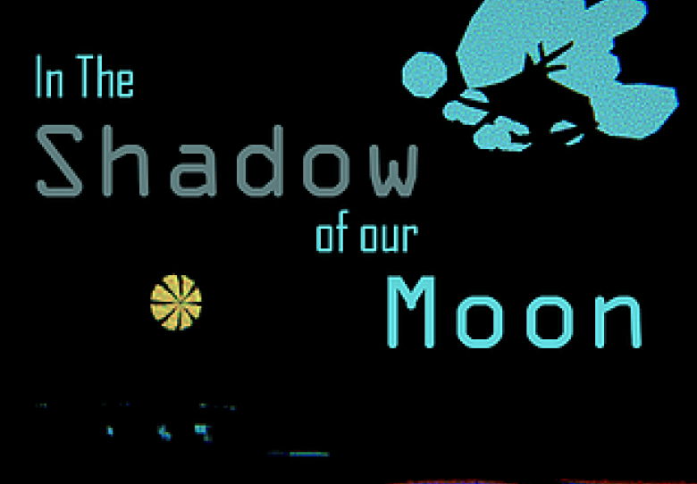 Title image that features simple shapes and colors to represent a lighthouse and tree on the moon. Text says: In the Shadow of Our Moon.