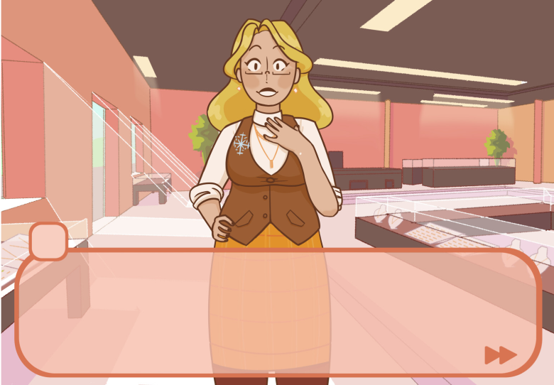 A screenshot of the demo, showing the jeweler character named Golden Honey talking to the player in a visual novel format. The lines are smooth and round, and the colours are simple and playful.