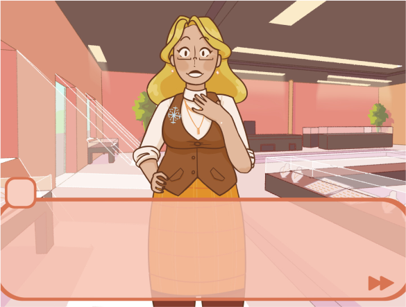 A screenshot of the demo, showing the jeweler character named Golden Honey talking to the player in a visual novel format. The lines are smooth and round, and the colours are simple and playful.